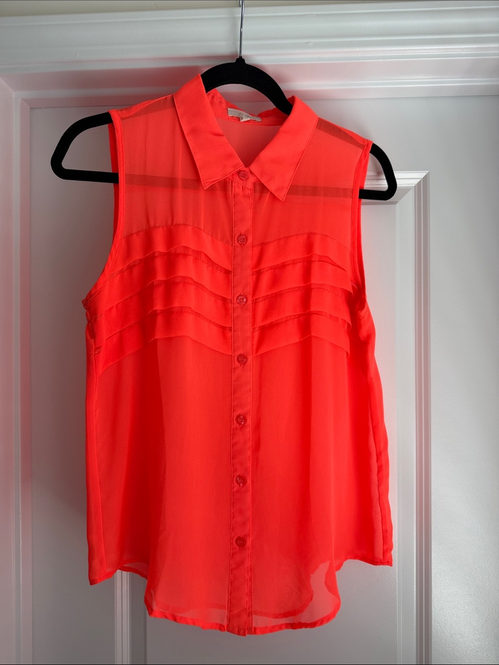 Neon orangey coral button up sheer tank